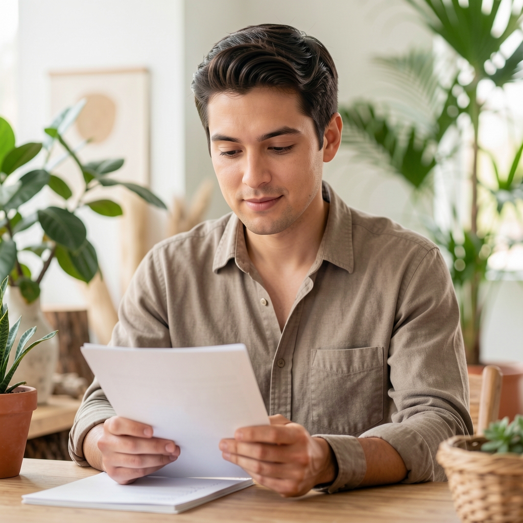 Editorial team member reviewing notes in a light studio with plants and natural materials