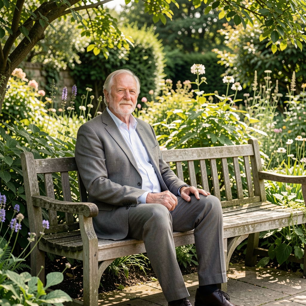 Older man taking a calm pause on a shaded garden bench surrounded by green plants