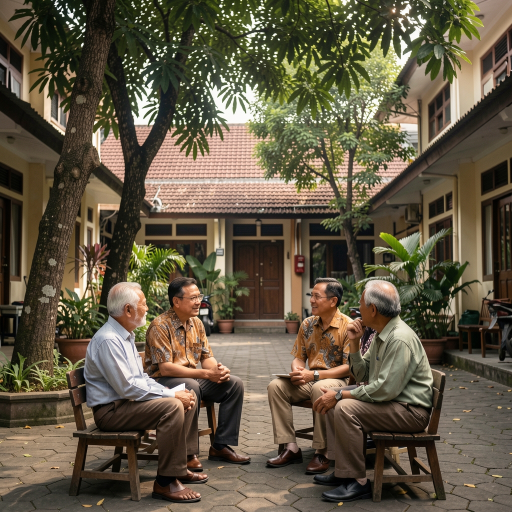 Older men sharing a calm conversation under trees in a Jakarta neighborhood courtyard