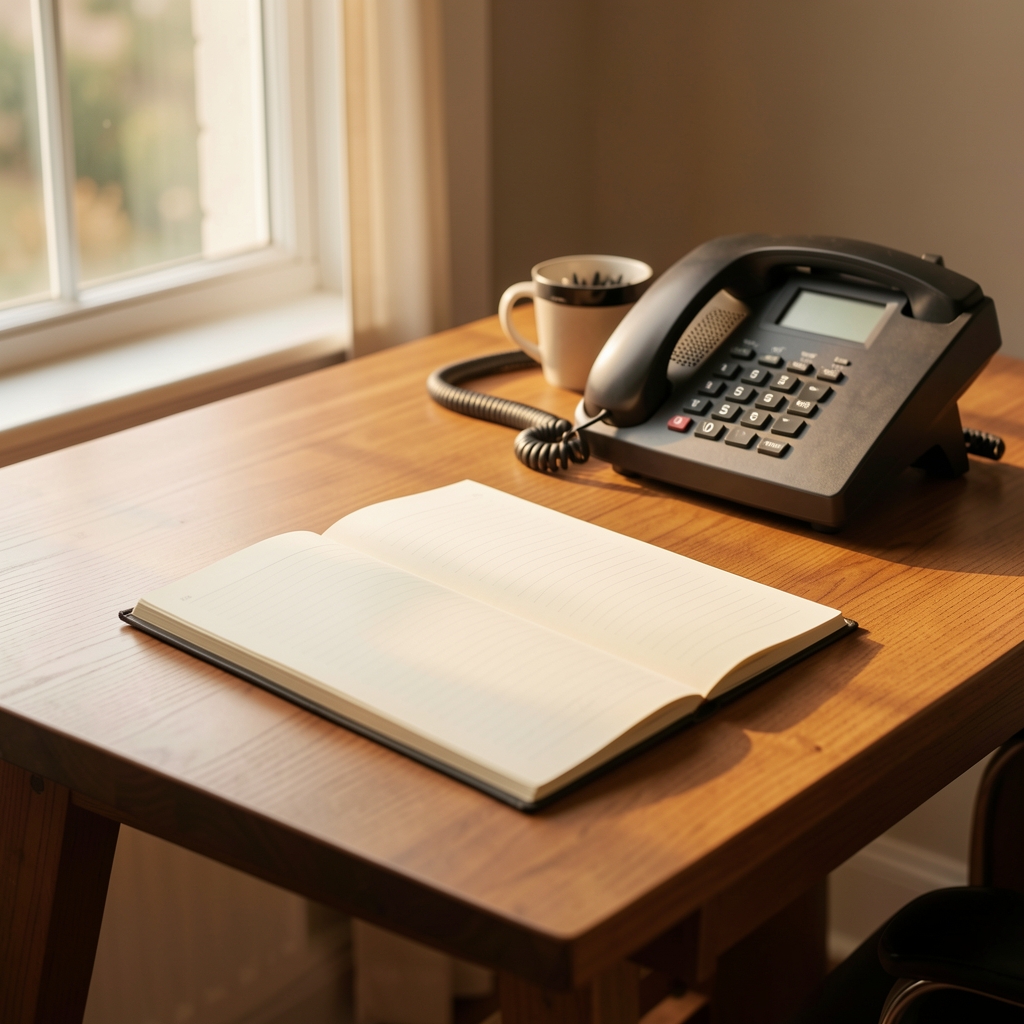 Kilter editorial desk with notebook, telephone, and warm natural light
