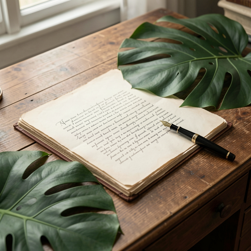 Wooden editorial desk with manuscript pages, fountain pen, and tropical leaves