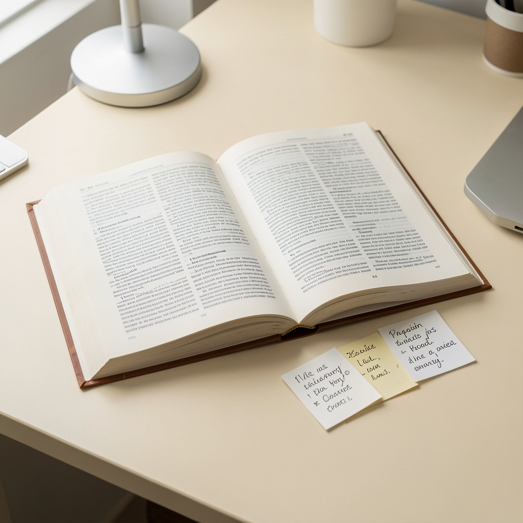 Open reference book and handwritten glossary cards on a cream-colored desk