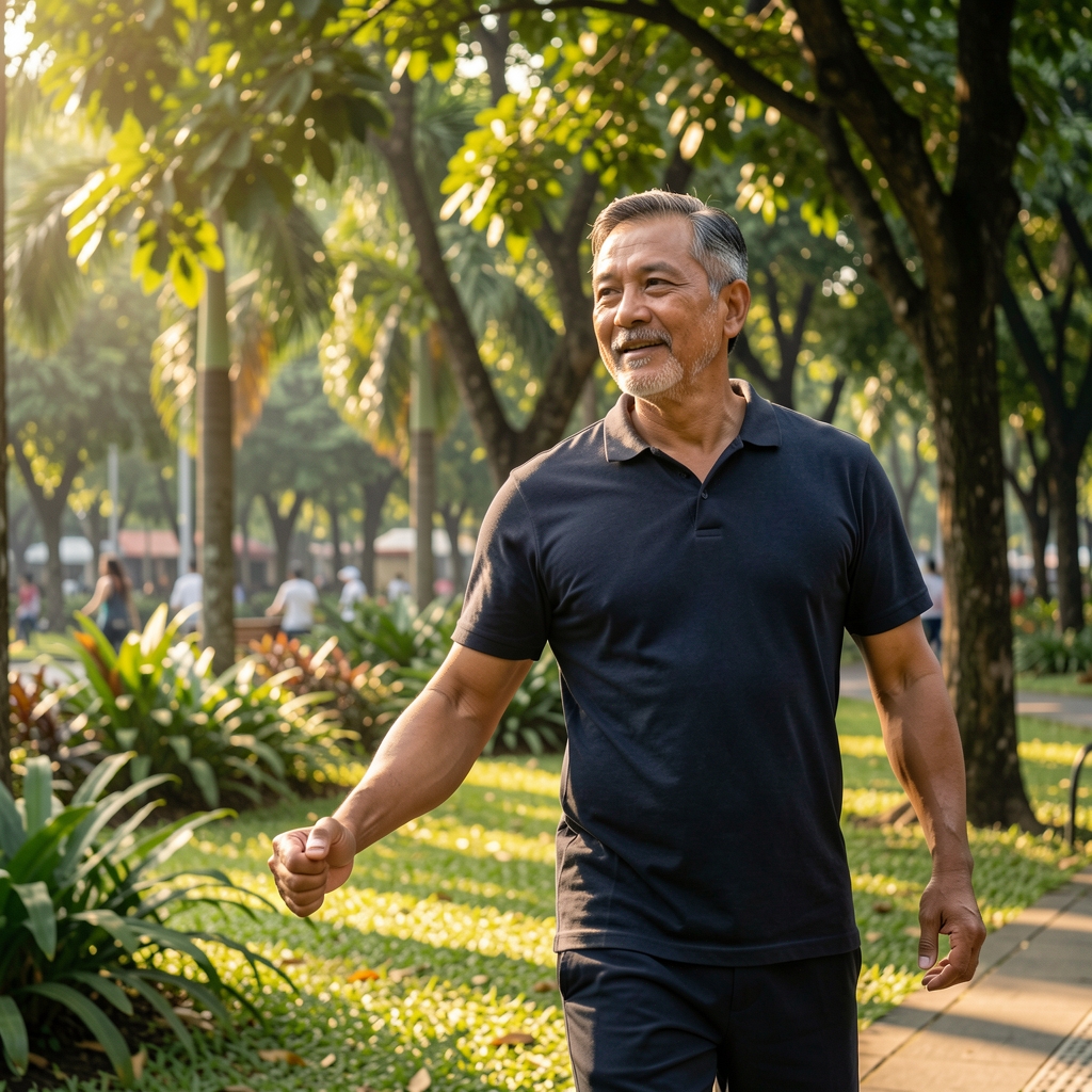 Mature man completing gentle outdoor movement beside a leafy Jakarta park in warm morning light