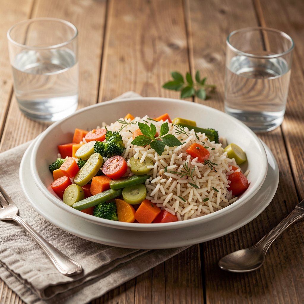 Balanced Indonesian-inspired meal with vegetables rice herbs and water arranged on a wooden table