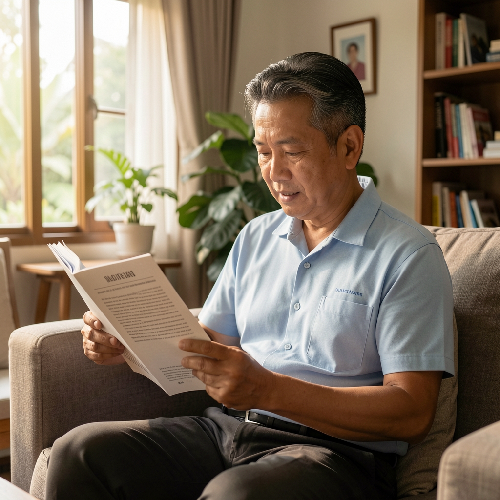 Mature man reading a carefully edited wellbeing article in a quiet Jakarta home with natural morning light