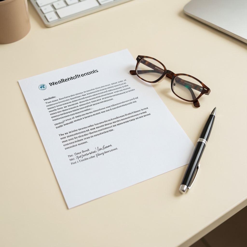 Printed wellbeing notes, reading glasses, and a pen arranged on a cream desk