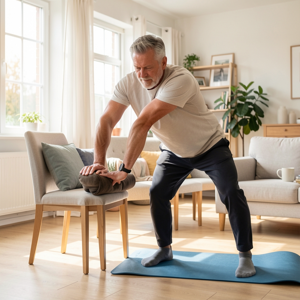 Mature man preparing a simple stretching routine beside a chair in a bright home room