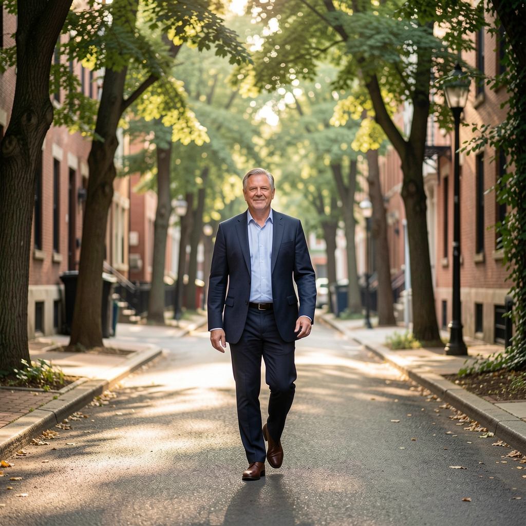 Mature man walking through a quiet leafy urban lane in soft morning light